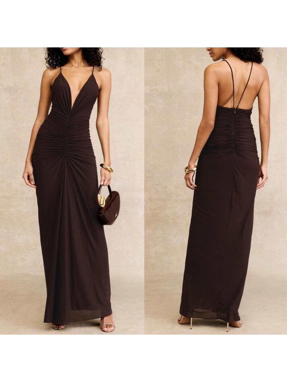 Ronny Kobo Anya Spaghetti Strap Brown Ruched Maxi Cocktail Dress - XS